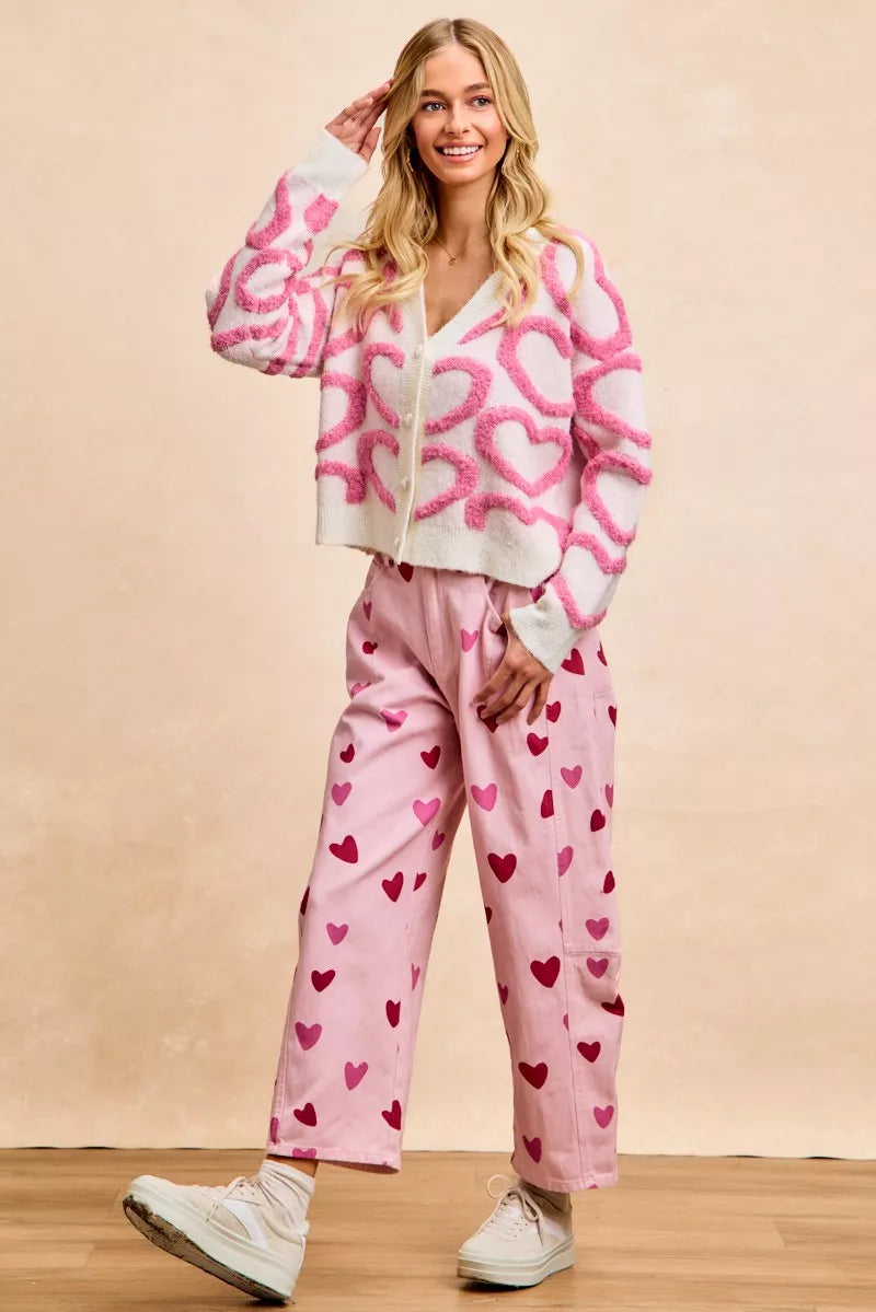 BiBi Textured Heart Buttoned V Neck Cardigan