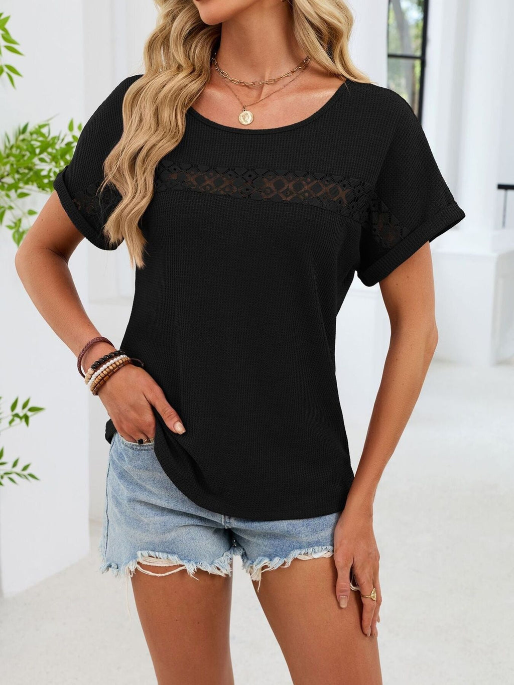 Lace Trim Short Sleeve T-Shirt