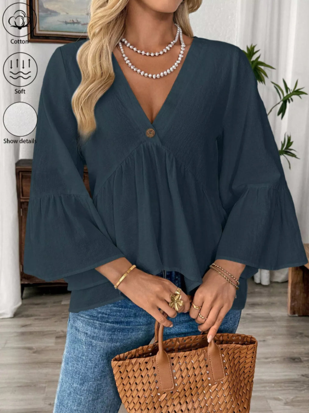 V-Neck Bell Sleeve Blouse
