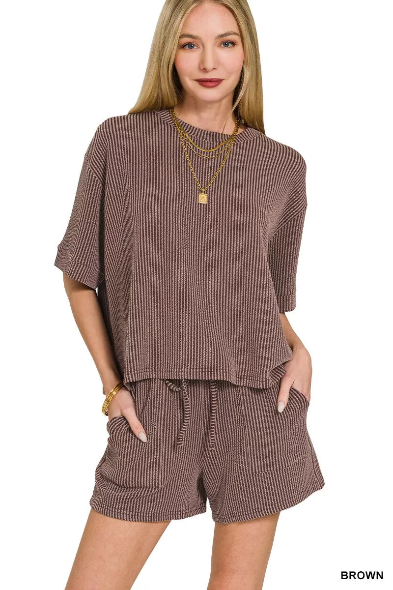 Zenana Raised Rib Short Sleeve Tee and Drawstring Shorts Set