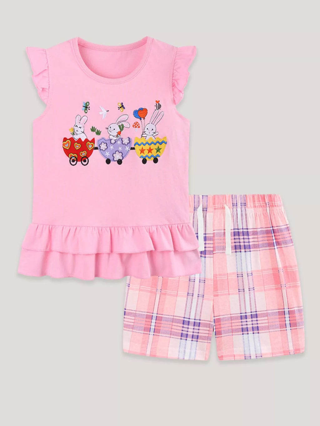 Children's Bunny Train Ruffle Trim Top & Plaid Shorts Set