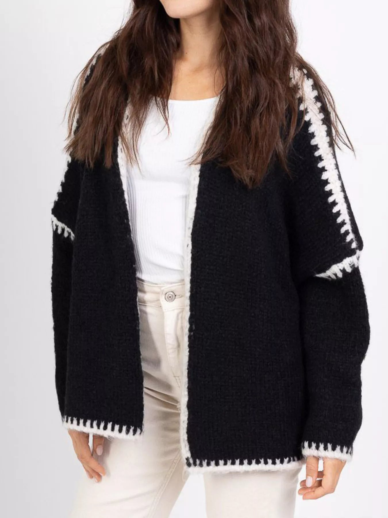 Contrast Trim Open Front Cardigan