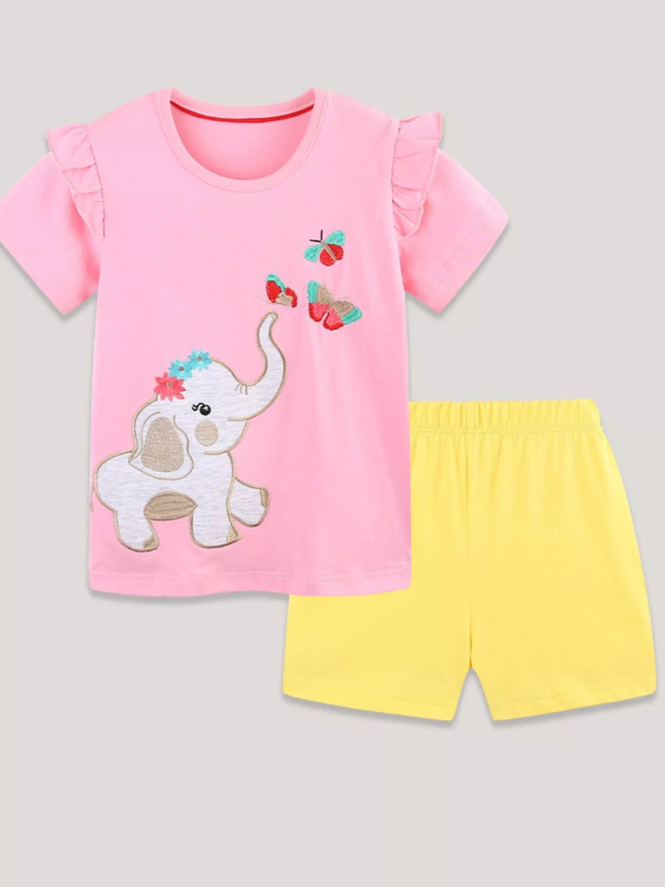 Children's Elephant & Butterfly Embroidered T-shirt and Shorts Set