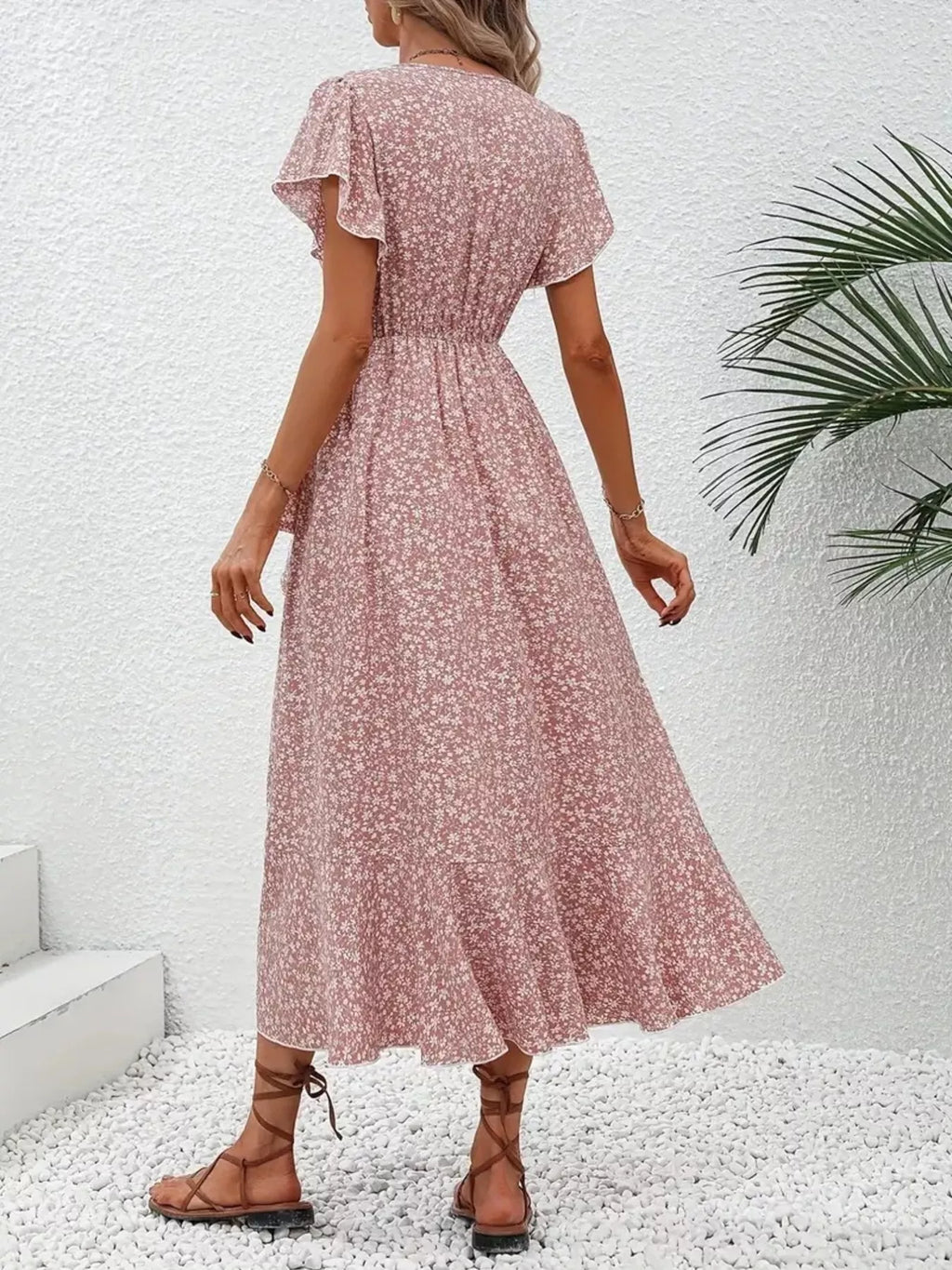 Floral Print Ruffle Hem Wrap Midi Dress