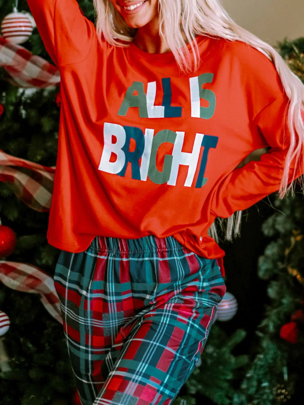ALL IS BRIGHT Graphic Christmas Plaid Pajamas Set