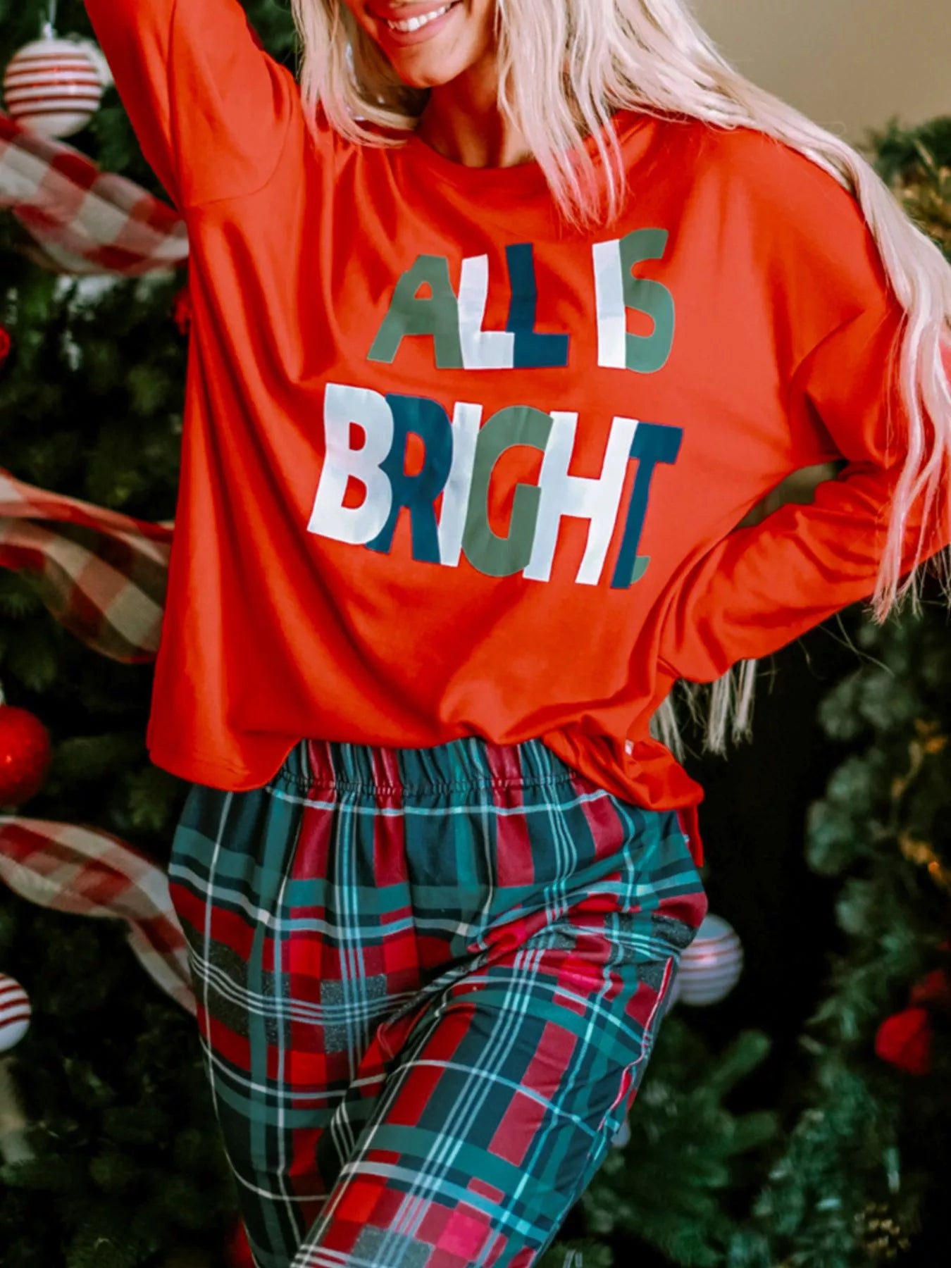 ALL IS BRIGHT Graphic Christmas Plaid Pajamas Set