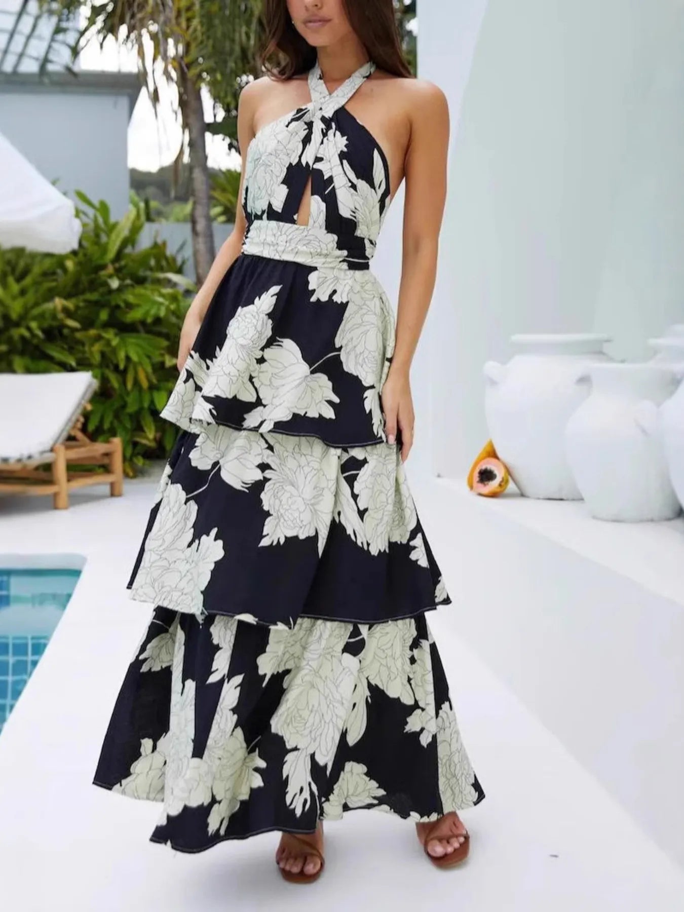 Printed Halter Neck Tiered Maxi Dress
