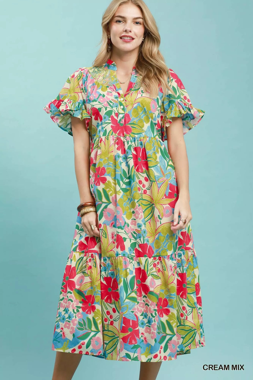 Umgee Tropical Floral Ruffle Sleeve Tiered Midi Dress