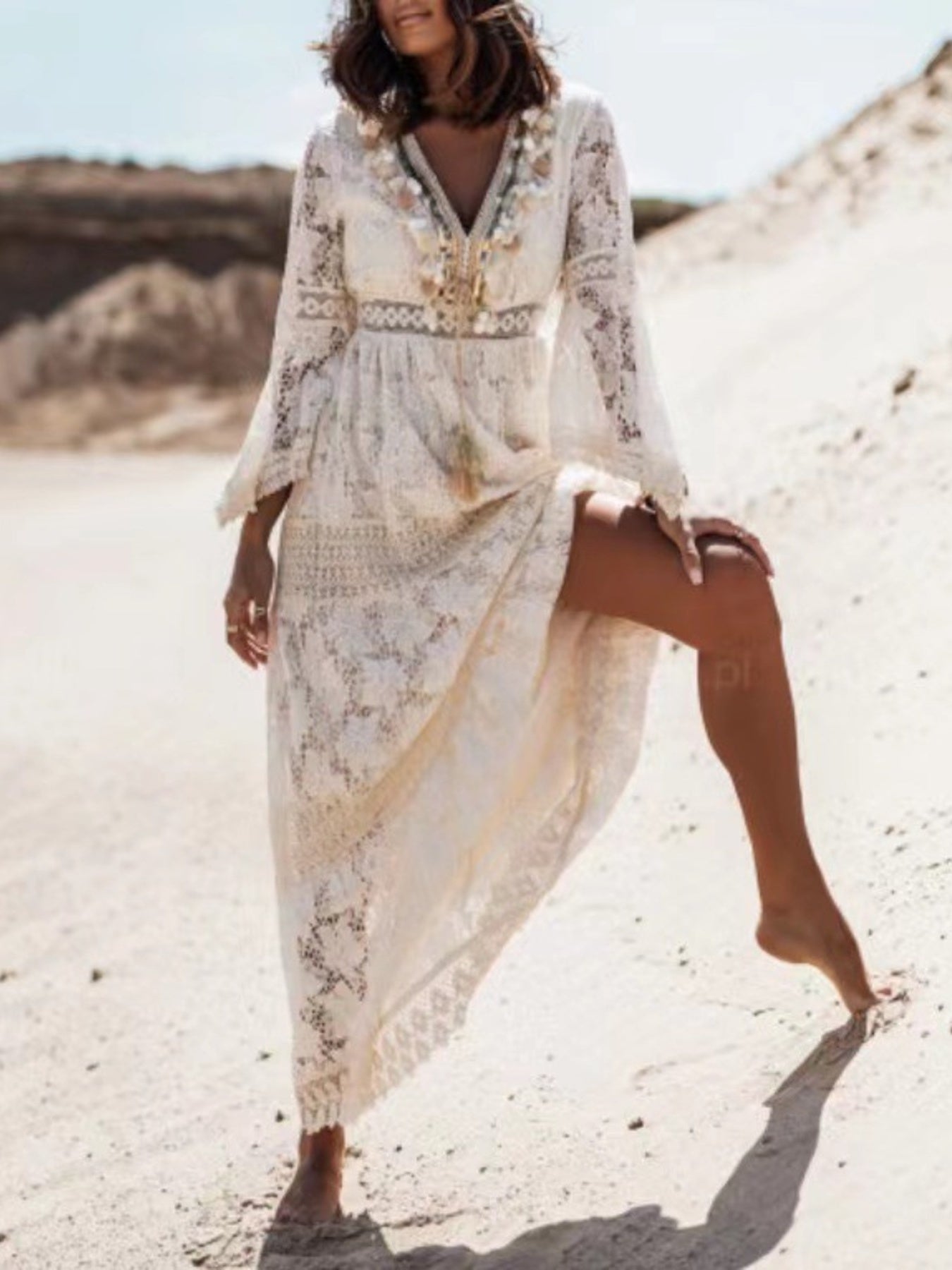 Bohemian Lace Maxi Dress with Bell Sleeves