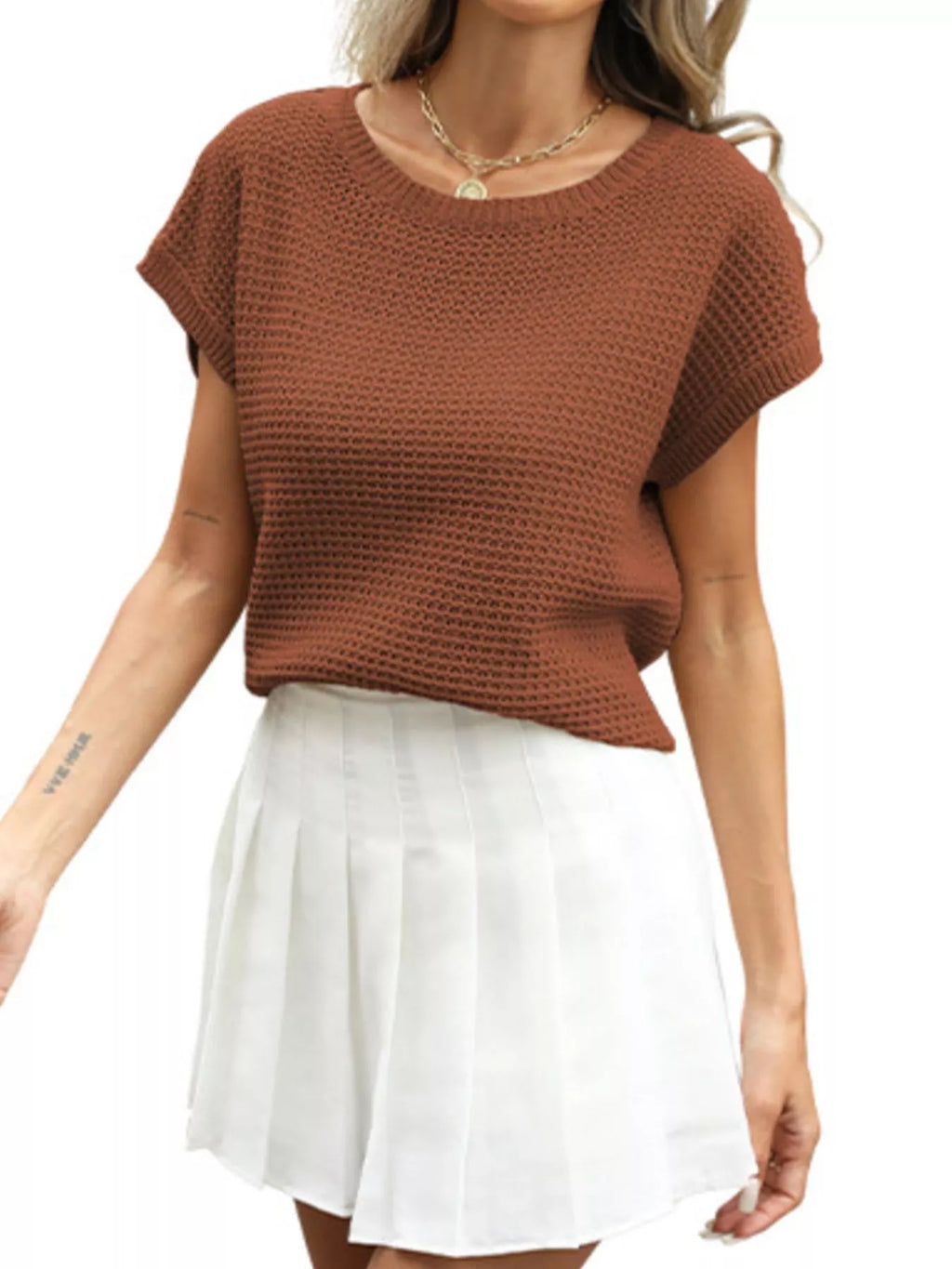 Round Neck Waffle Knit Top