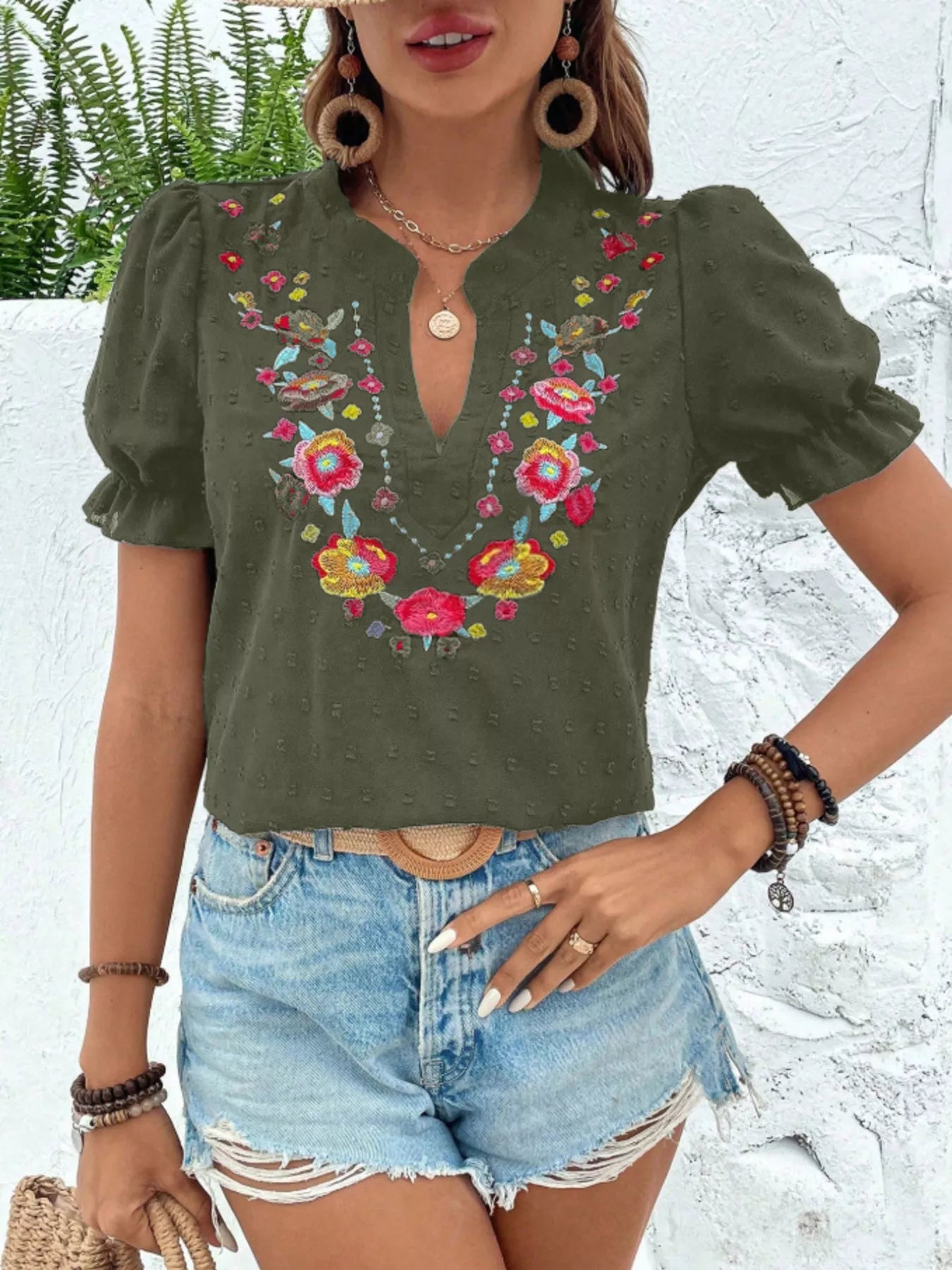Floral Embroidered Puff Sleeve Blouse