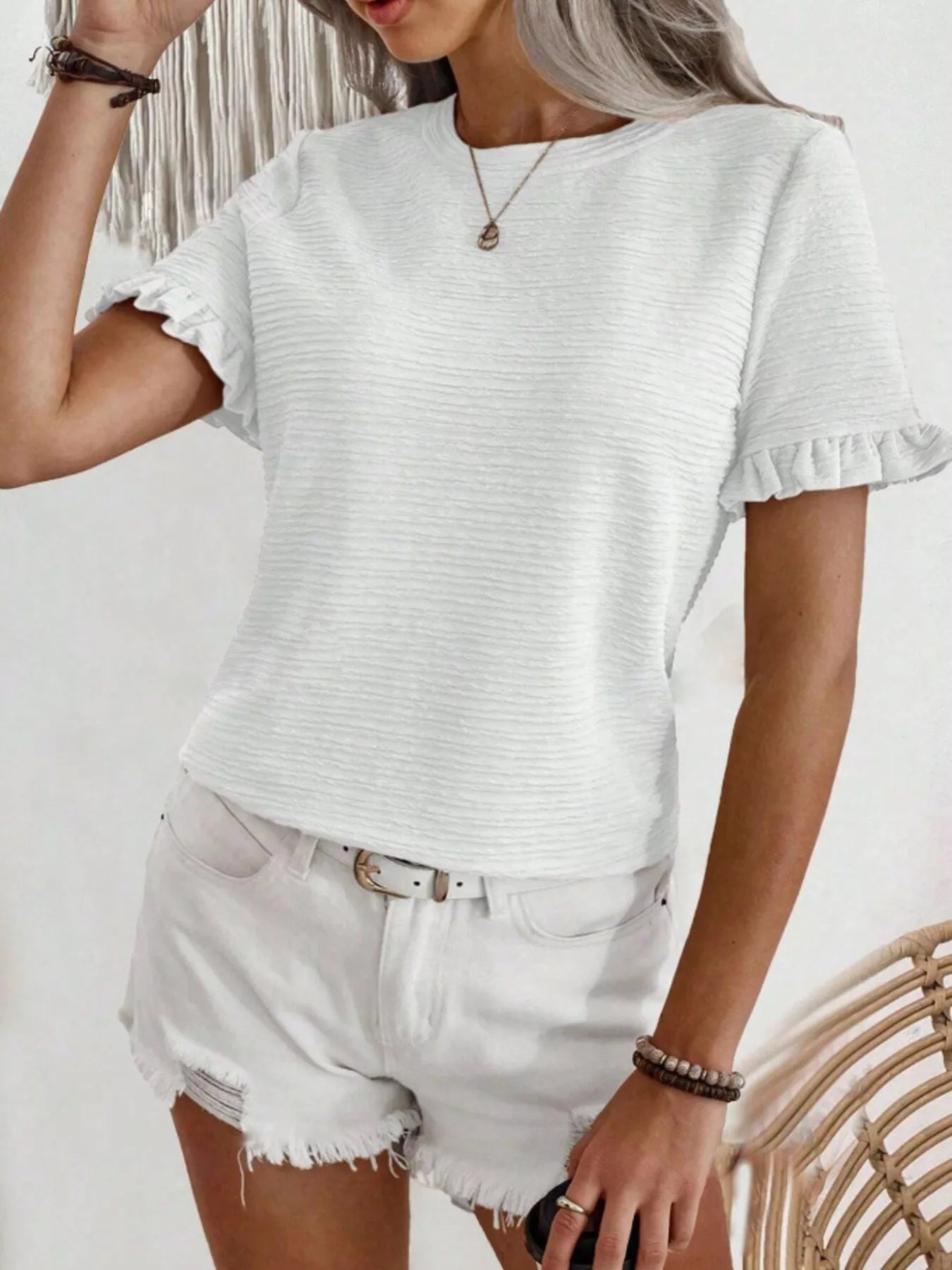 Textured Ruffle Sleeve Round Neck T-Shirt