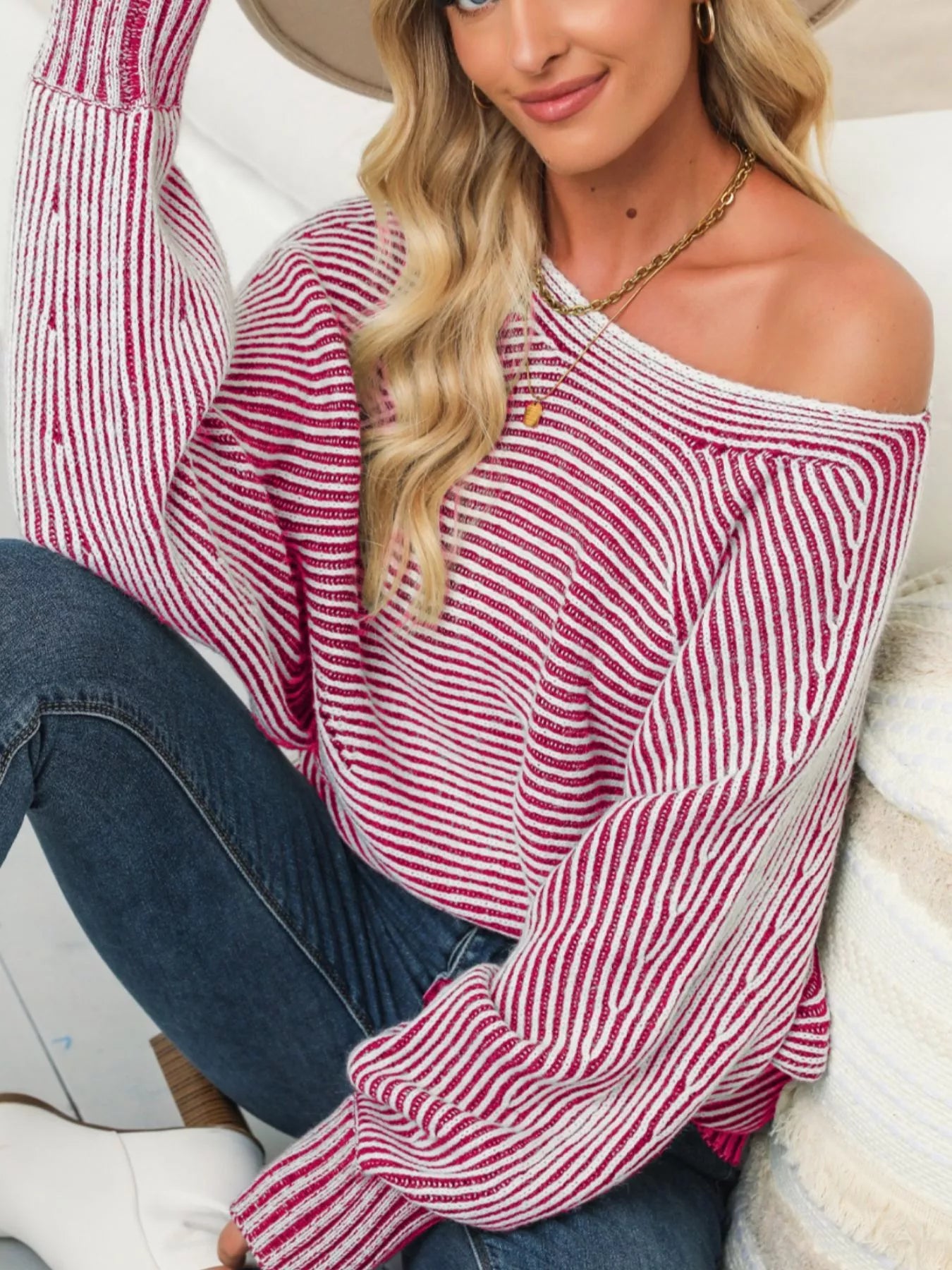 Striped Boat Neck Casual Sweater