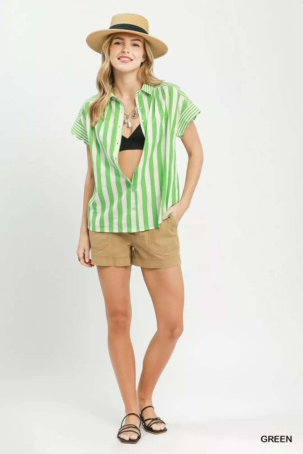 Umgee Striped Button Front Flutter Sleeve Top