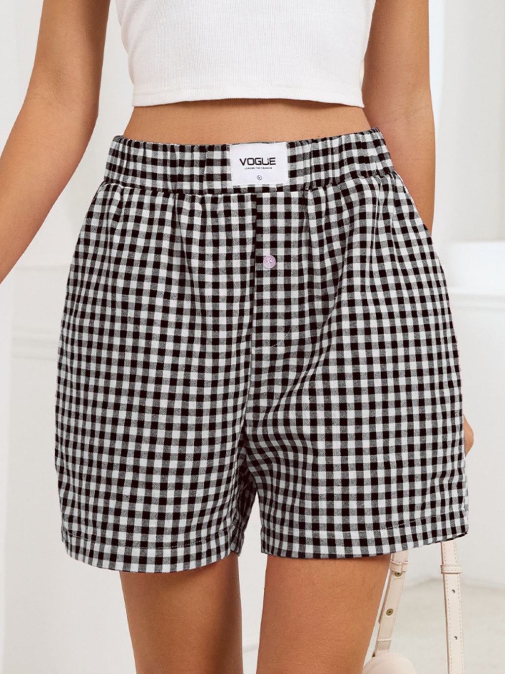 Gingham Elastic Waist Casual Shorts