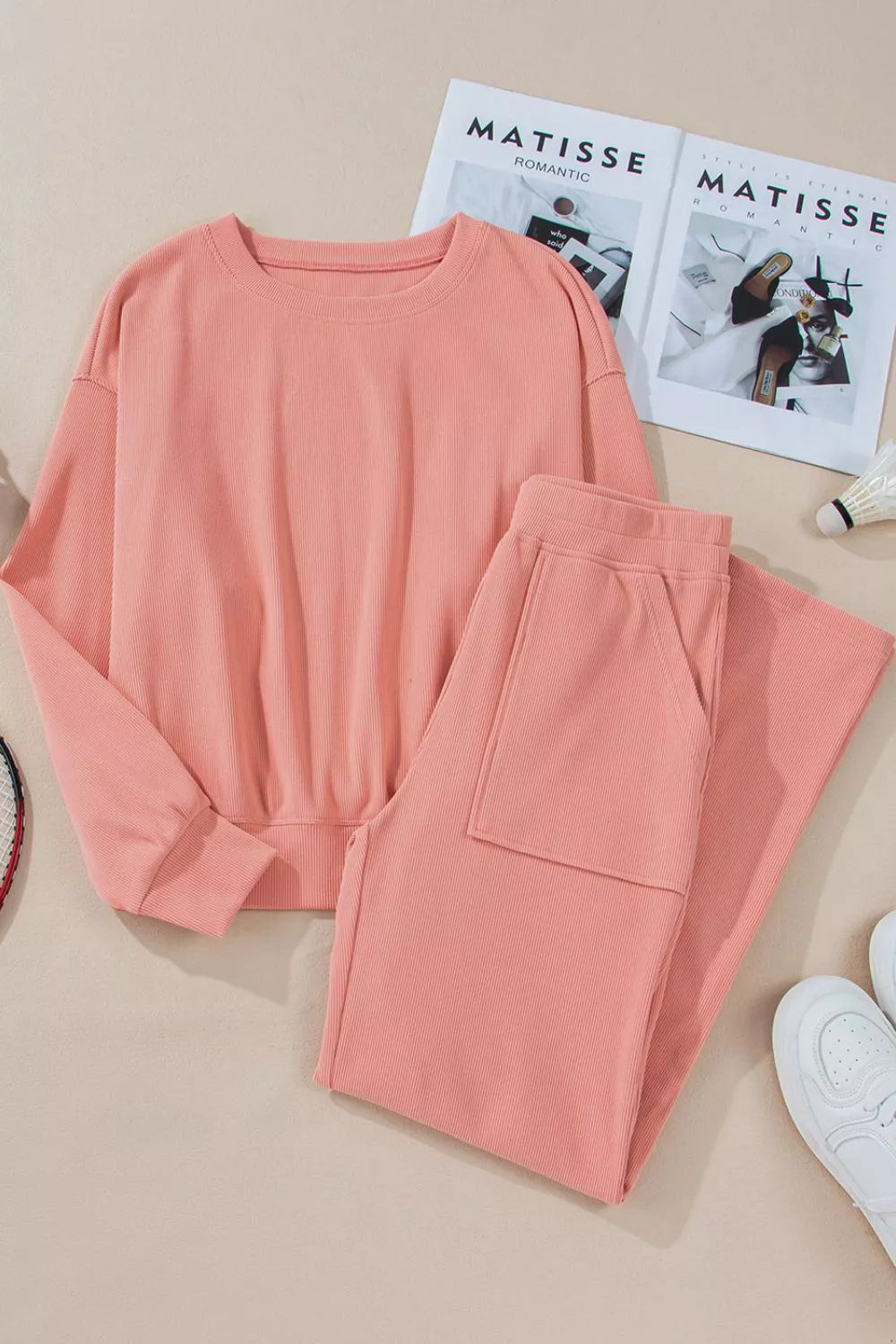 Round Neck Long Sleeve Top and Pants Set