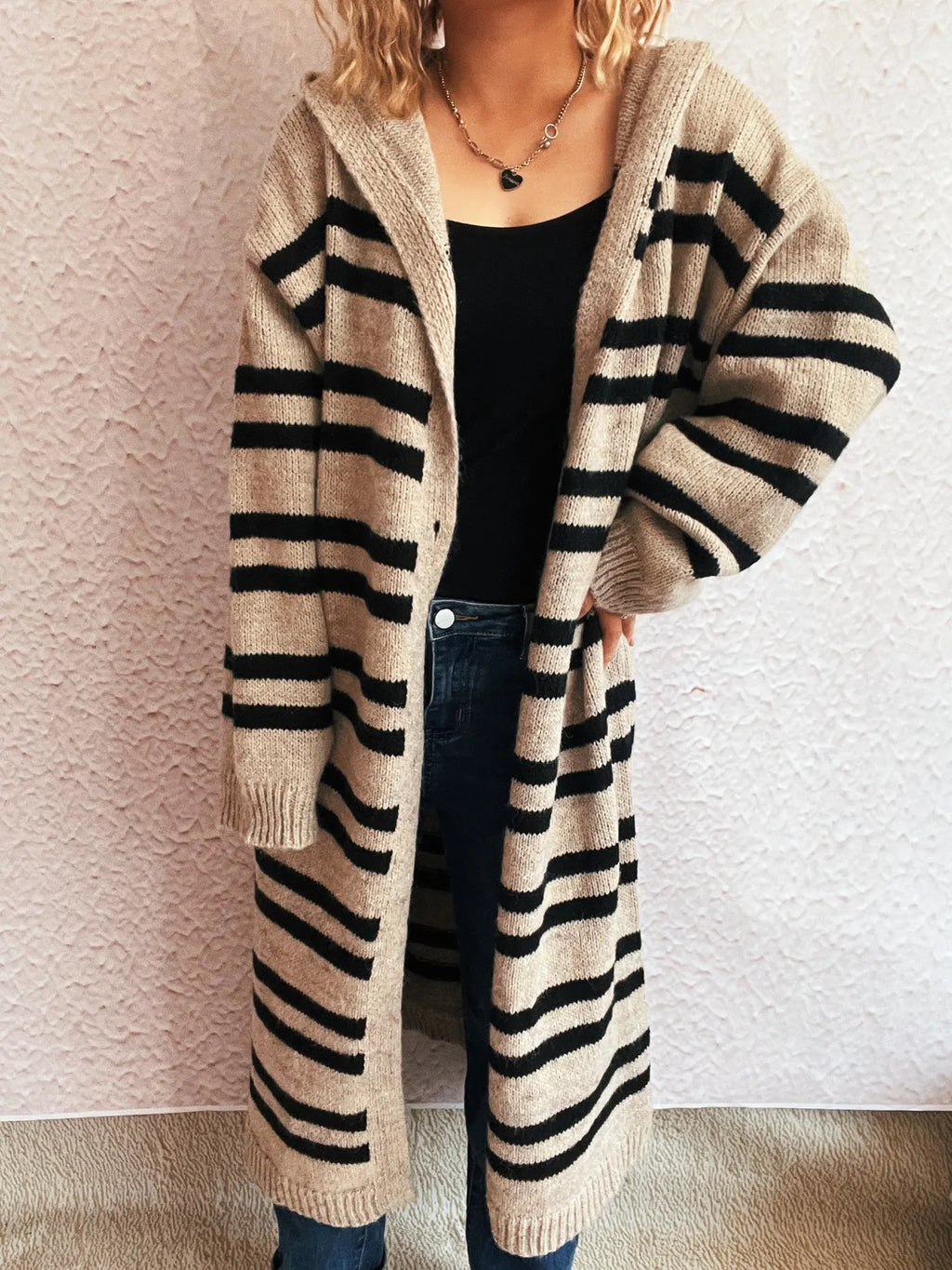 Striped Open Front Hooded Cardigan