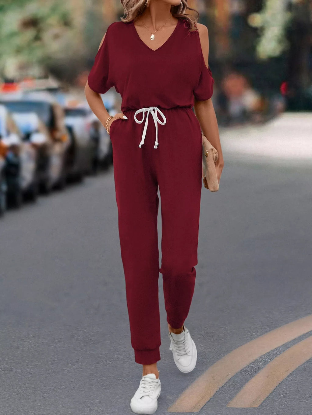 Cold Shoulder V-Neck Drawstring Waist Jumpsuit