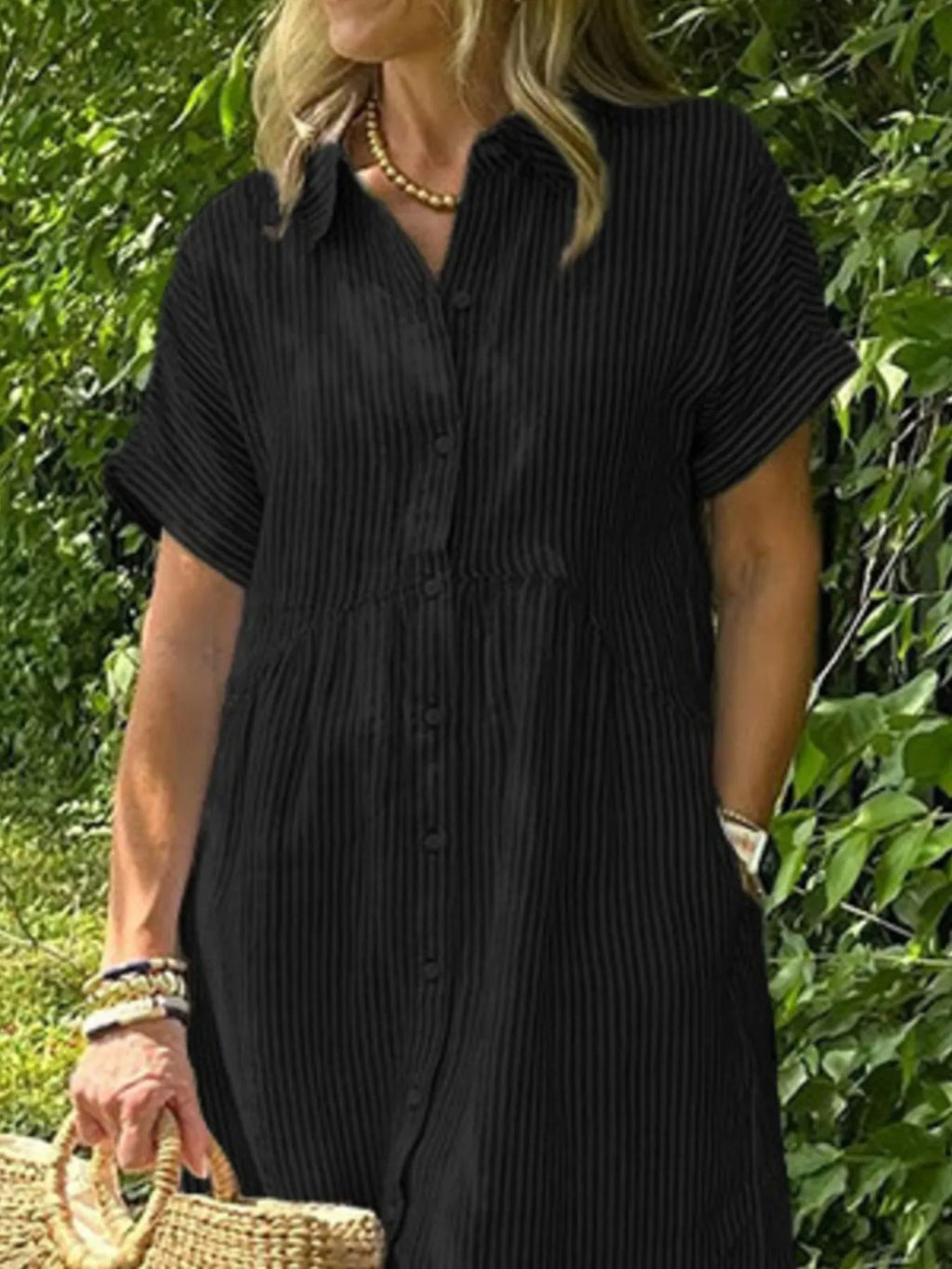 Full Size Striped Button-Front Midi Dress Plus Size