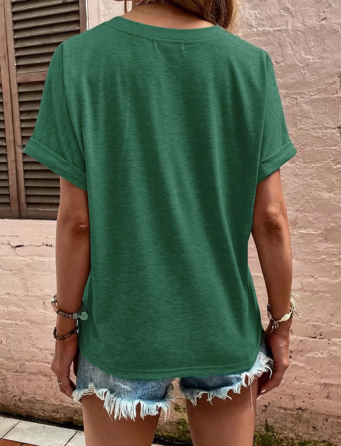 Full Size Notched Short Rolled Sleeve Top Plus Size