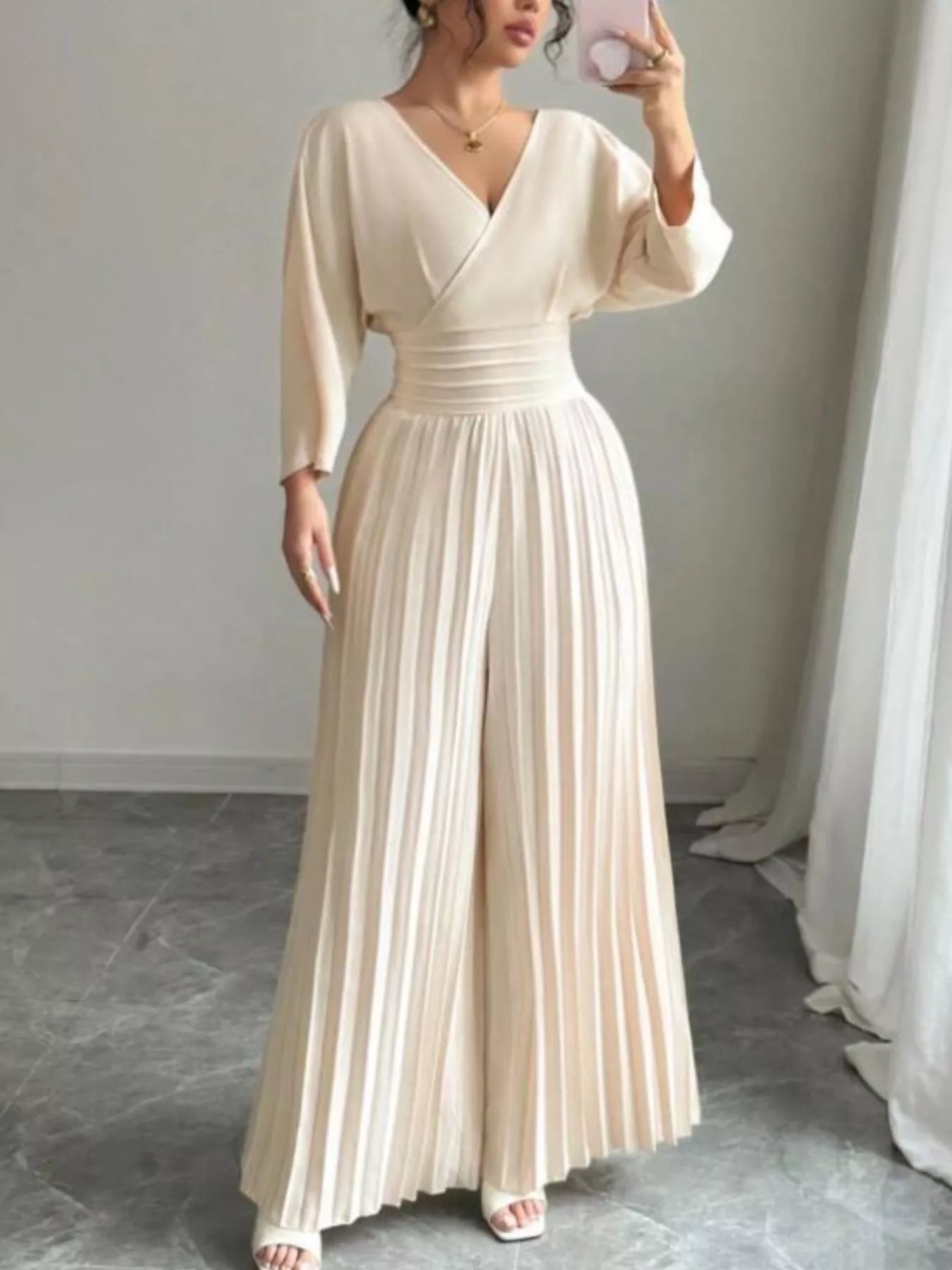 Surplice Pleated Wide Leg Jumpsuit