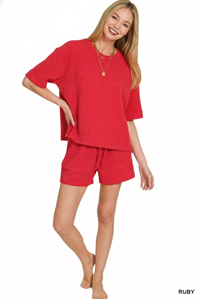Zenana Raised Rib Short Sleeve Tee and Drawstring Shorts Set