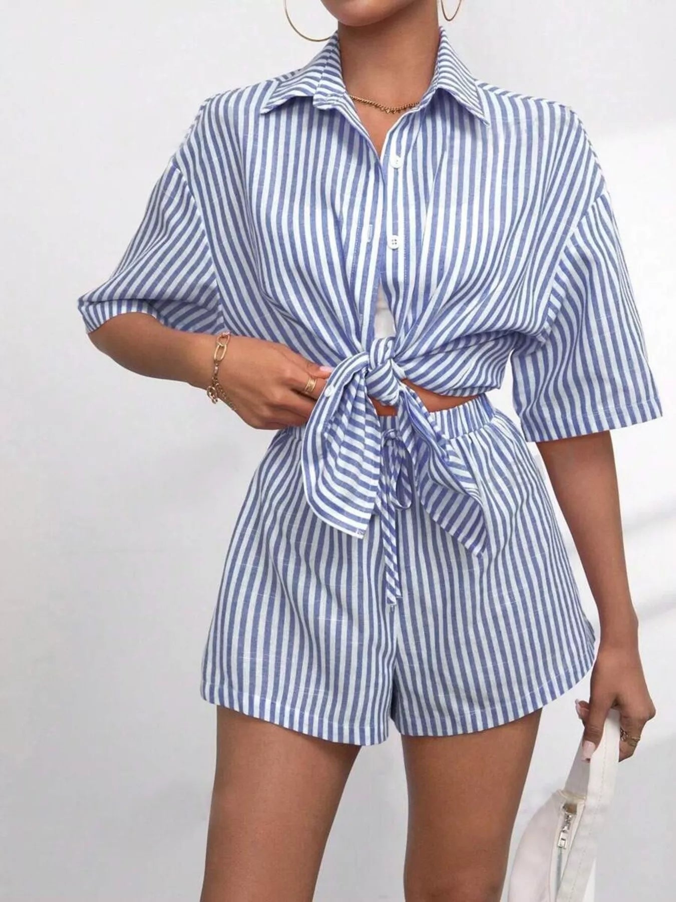 Striped Button Up Shirt and Shorts Casual Set