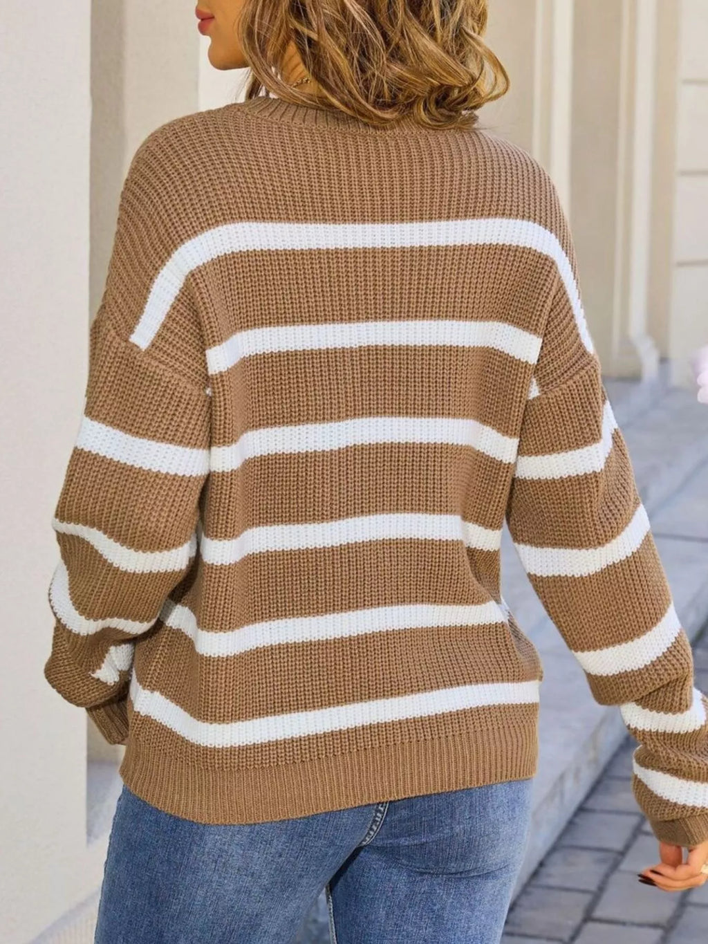 Striped Round Neck Dropped Shoulder Sweater