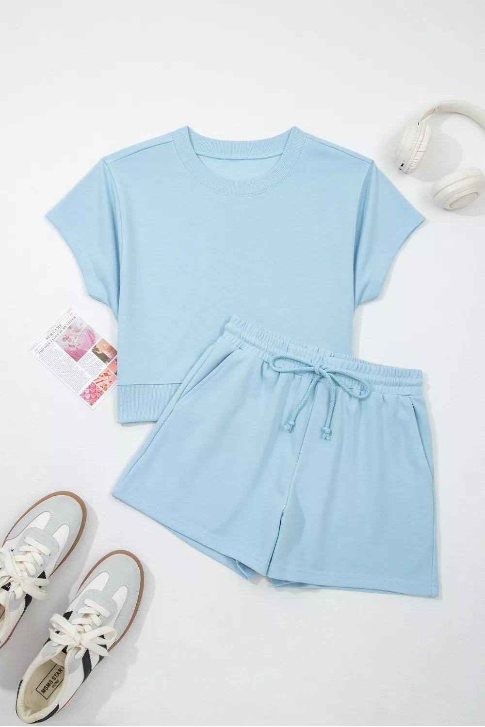 Solid Color Loose Tee Drawstring Shorts 2pcs Outfit Set