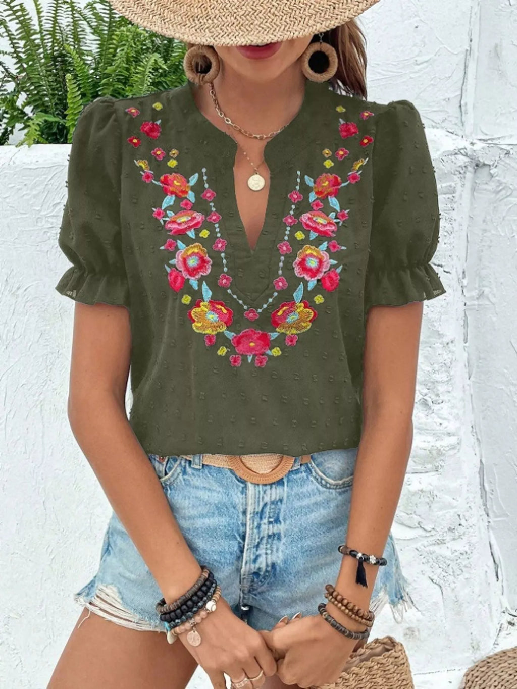 Floral Embroidered Puff Sleeve Blouse