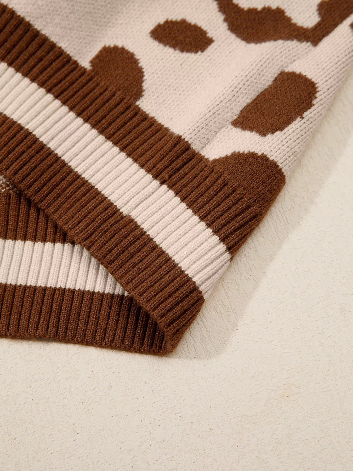 Leopard Knit Notched Casual Sweater