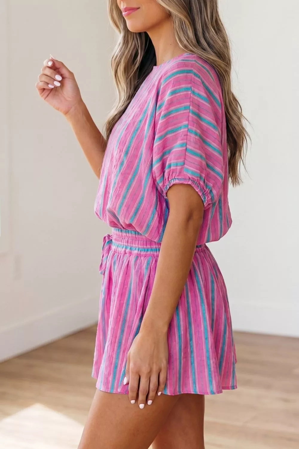 Stripe Dolman Short Sleeve Blouse Drawstring Elastic Waist Loose Short Set