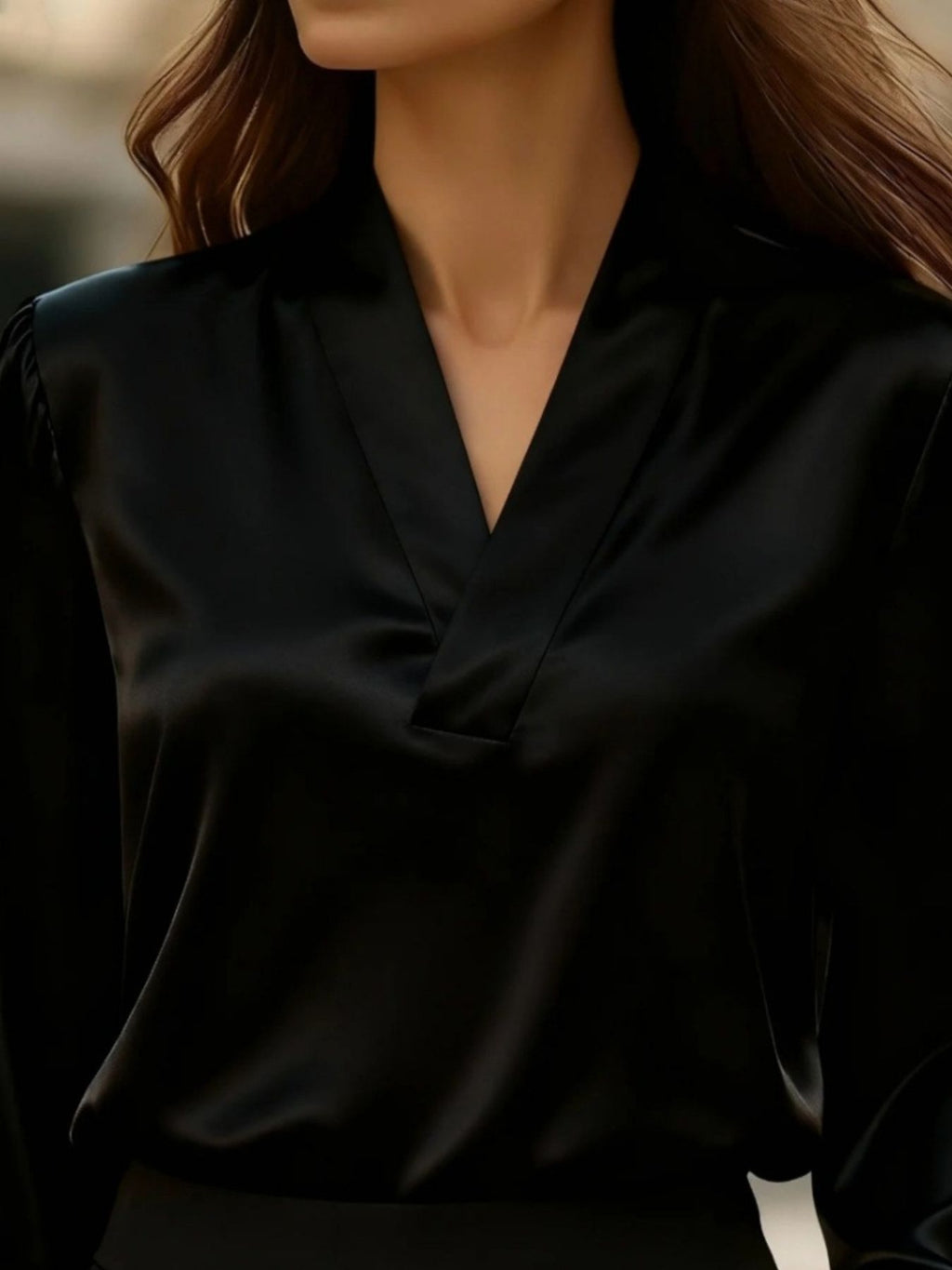 V-Neck Long Sleeve Satin Blouse