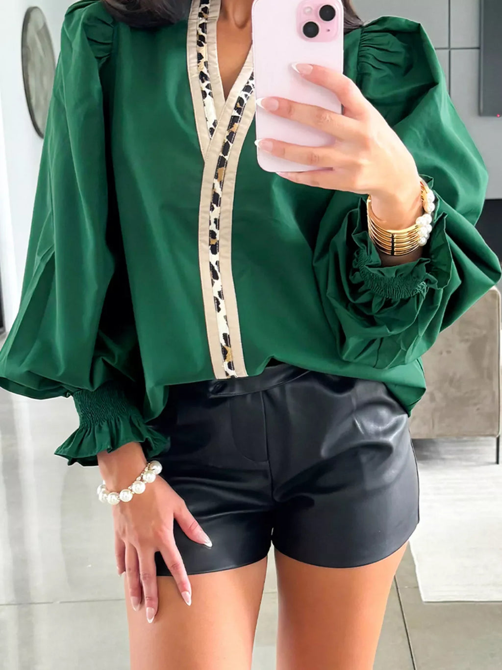 Puffy Flounce Sleeve Leopard Trim V Neck Blouse