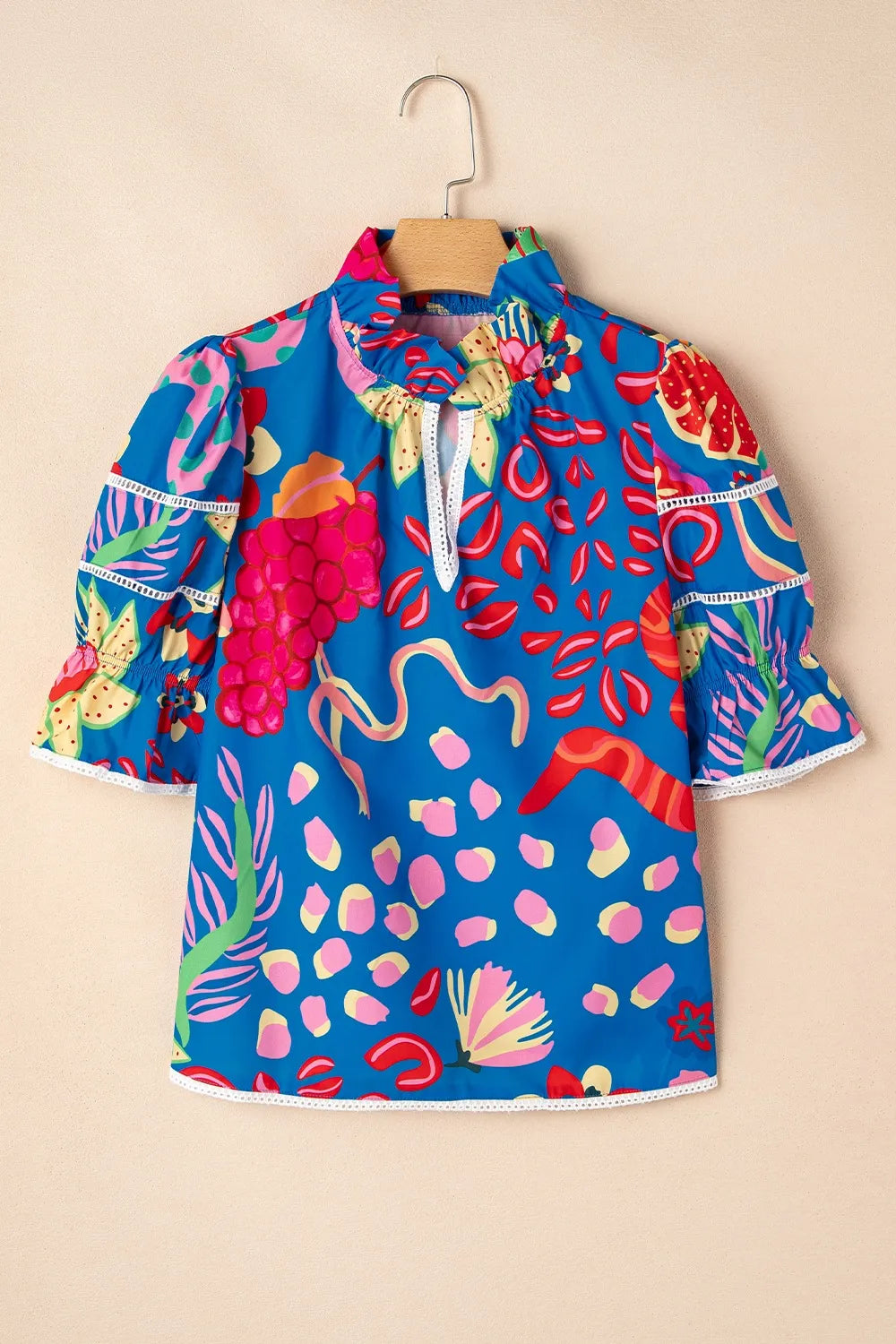 Abstract Print Frilled Collar Ruffled Puff Short Sleeve Top