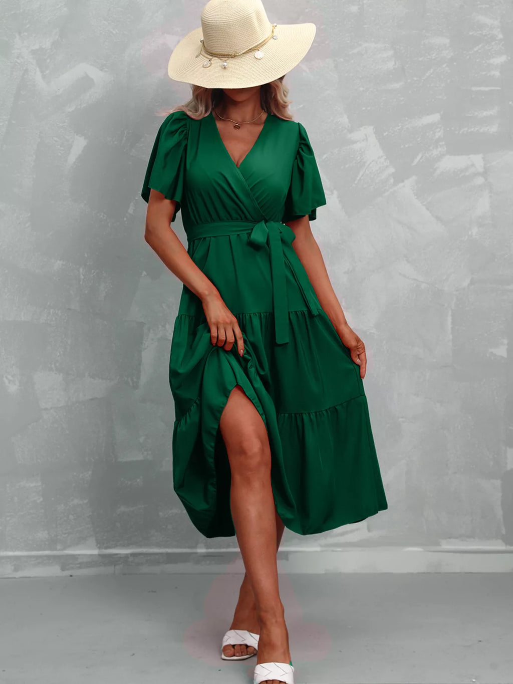 Flutter Sleeve Tiered Midi Dress