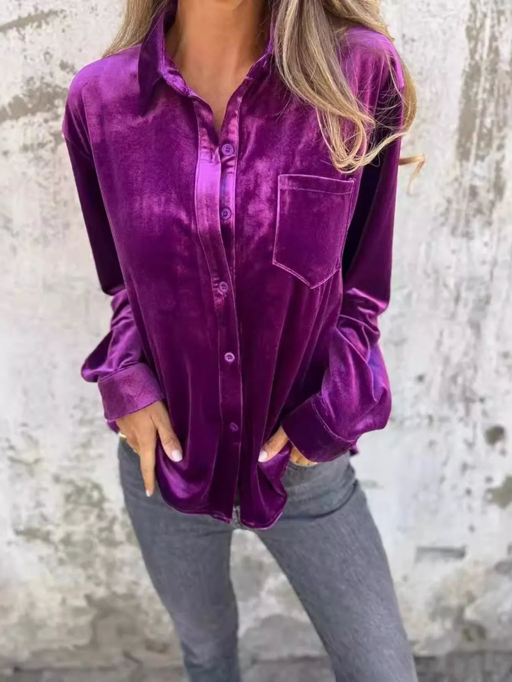 Full Size Velvet Button-Up Long Sleeve Shirt Plus Size