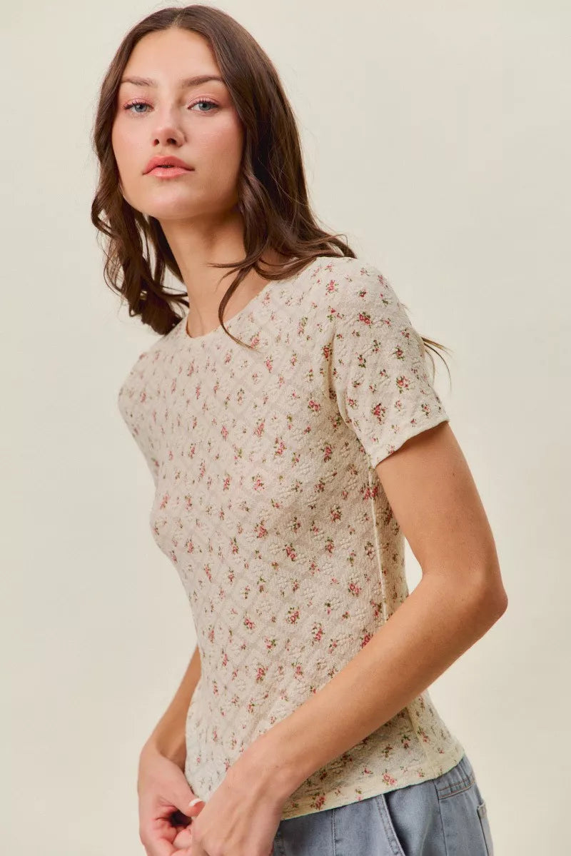 SO ME Floral Print Lace Short Sleeves Layering Knit Top