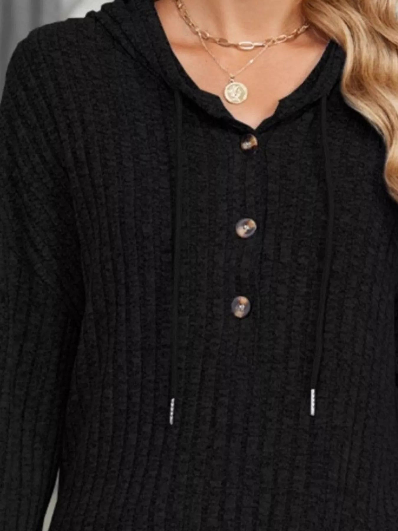 Casual Ribbed Knit Button Detail Hoodie