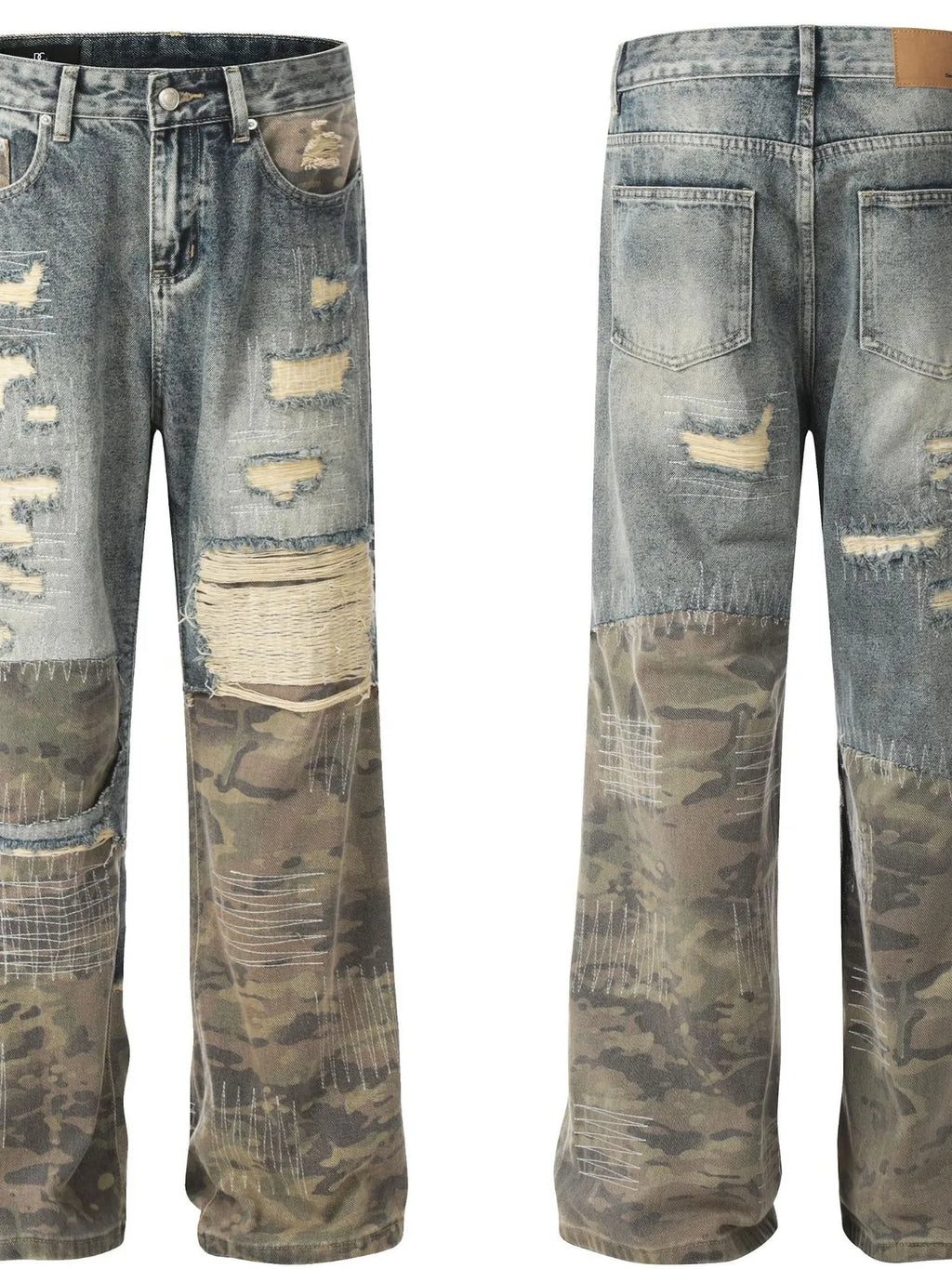 Men's Distressed Camouflage Patchwork Jeans