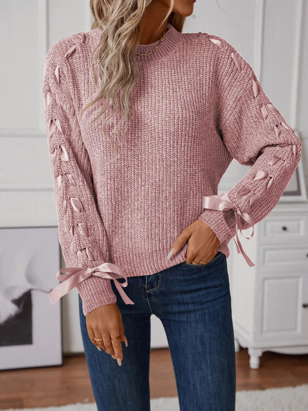 Ribbon-Tie Sleeve Round Neck Sweater