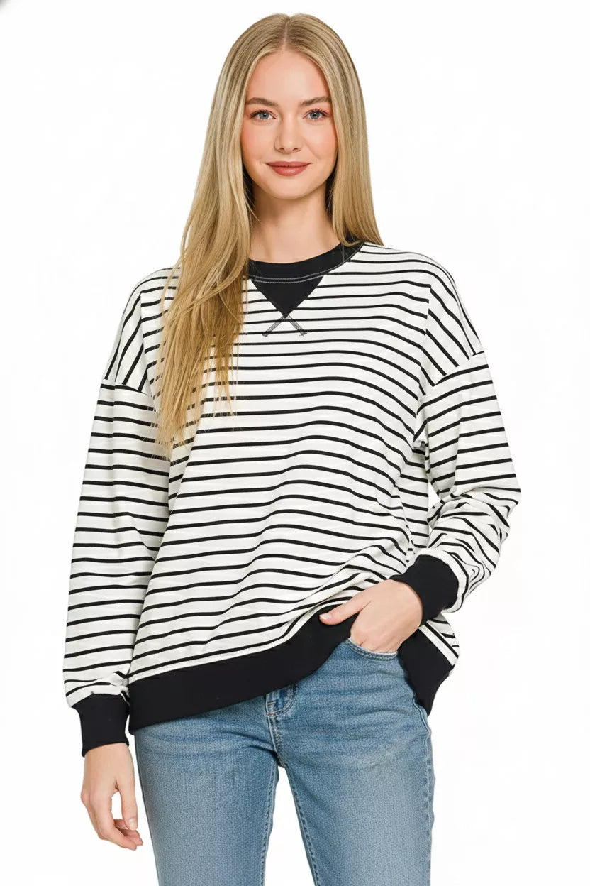 Zenana Contrast Striped Round Neck Sweatshirt