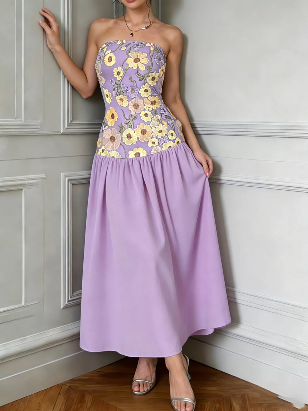 Floral Embroidered Tube Maxi Dress