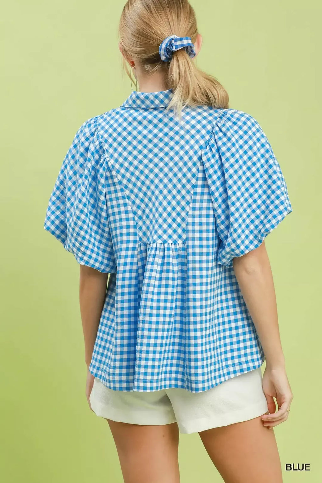 Umgee Smocked Yoke Puff Sleeve Gingham Blouse
