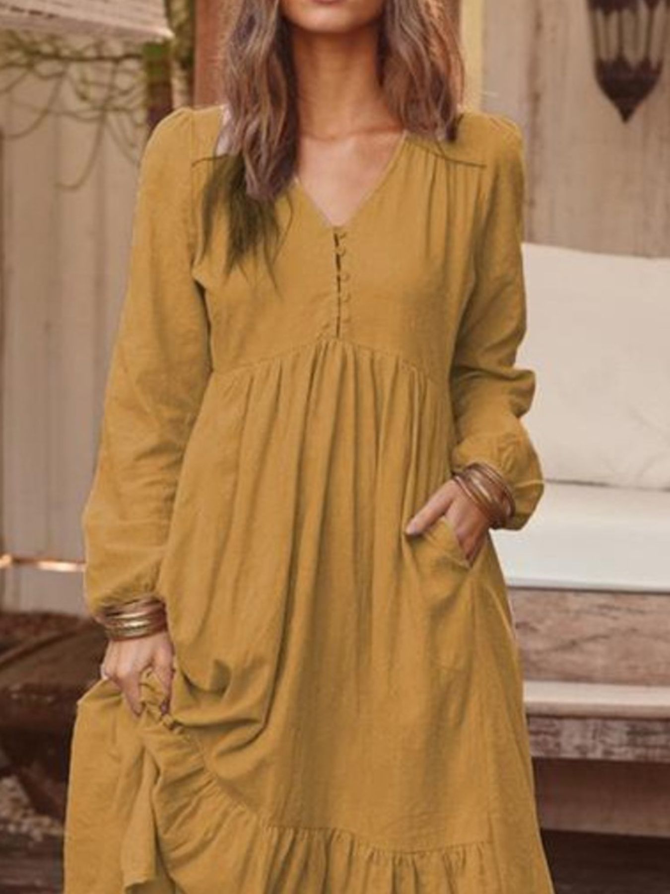 Full Size V-Neck Long Sleeve Tiered Maxi Dress Plus Size