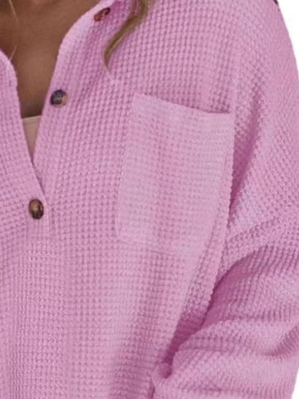 Casual Waffle Knit Button Detail Blouse