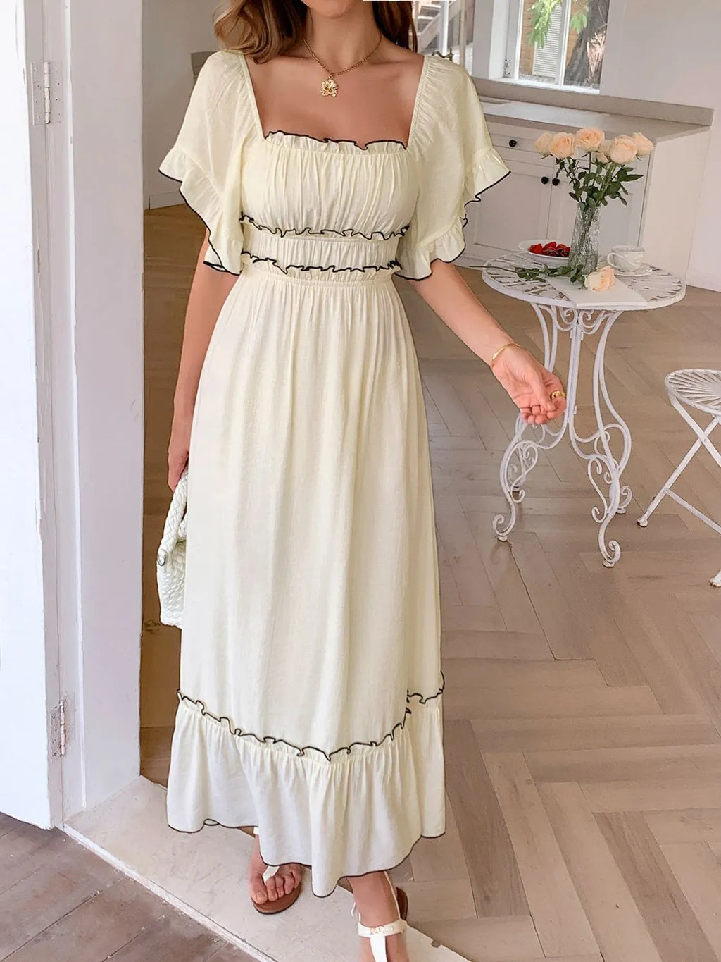 Square Neck Puff Sleeve Ruffle Trim Maxi Dress
