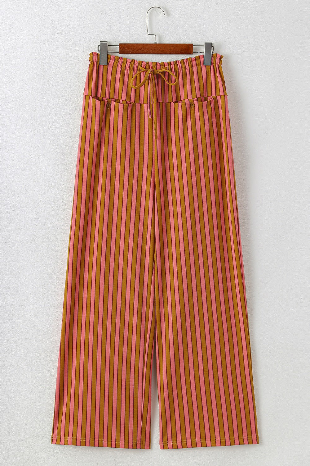Stripe Button Pocket Tie Waist Casual Wide Leg Pants