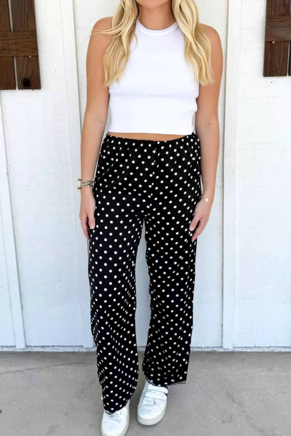 Polka Dot Print Elastic Waist Lace Hem Loose Pants