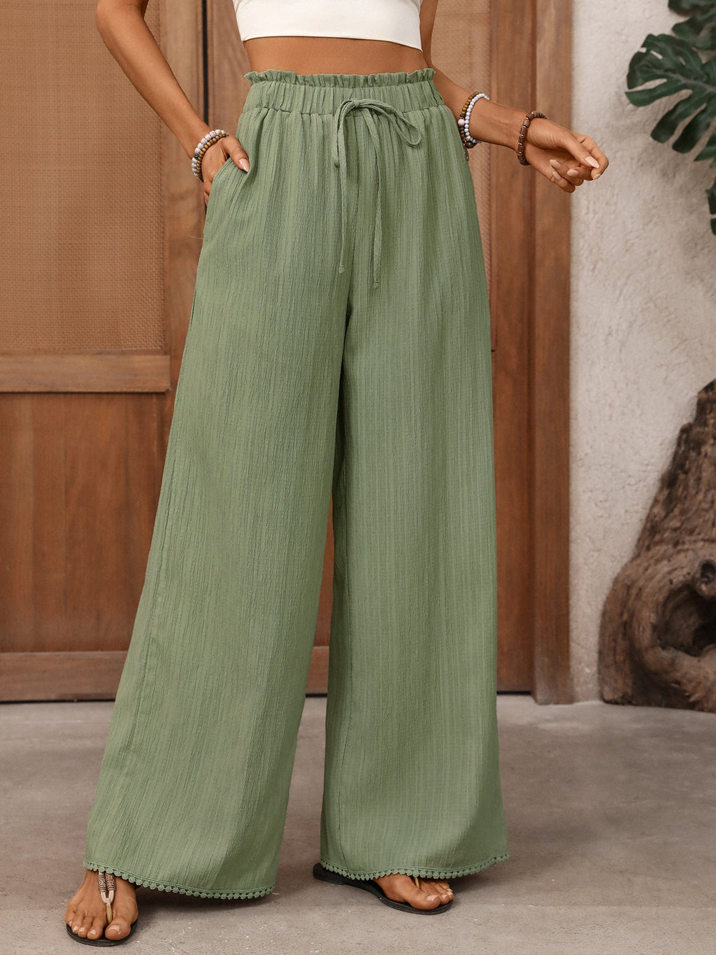 Wide Leg Drawstring Waist Pants